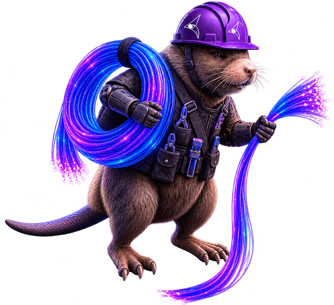 Mascota sosteniendo cable de fibra óptica